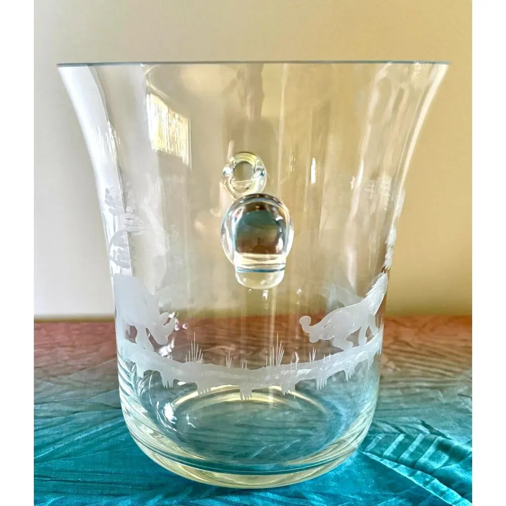 Vintage Etched Safari Glass Ice Bucket Jungle Wildlife Champagne Chiller